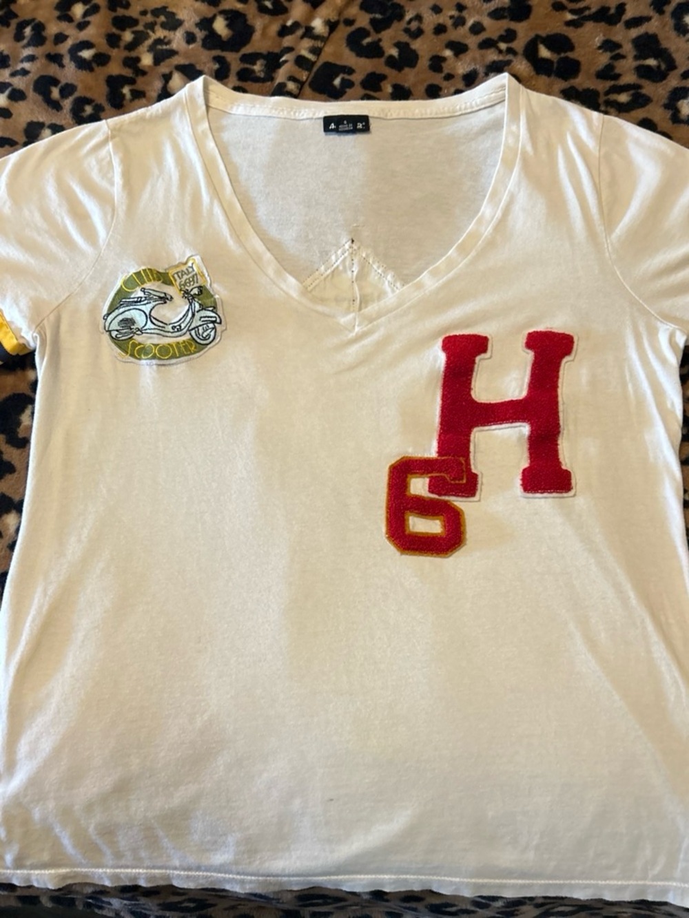 Kids White V-Neck Tee with Red 'H' & Yellow '6' Appliqués